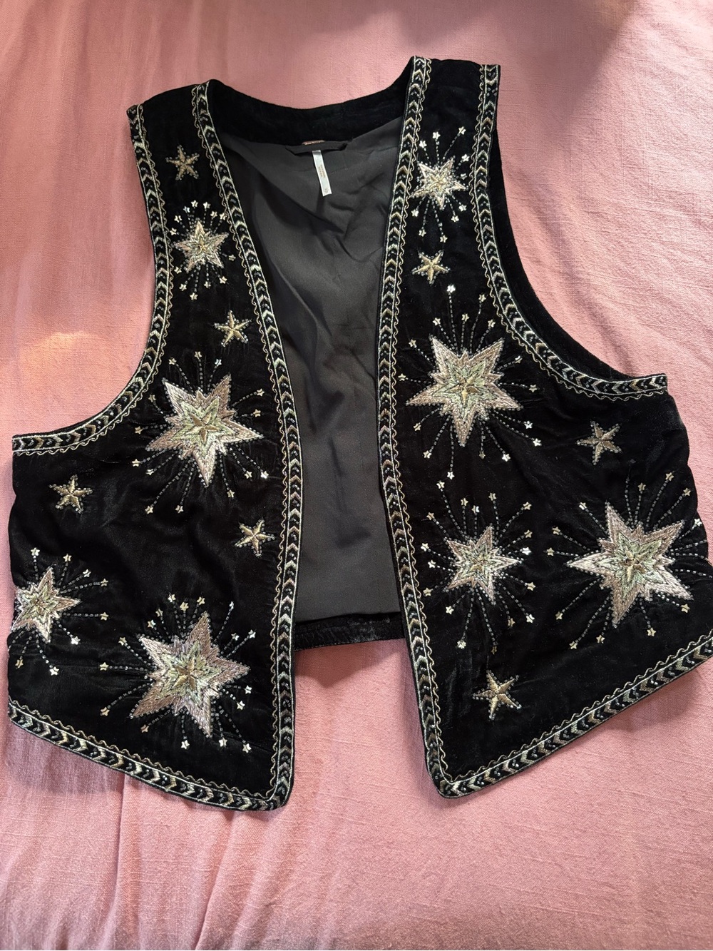 Free People Stargaze Vest Black Velvet Embroidered Sequin Western Boho Medium - Picture 4 of 9